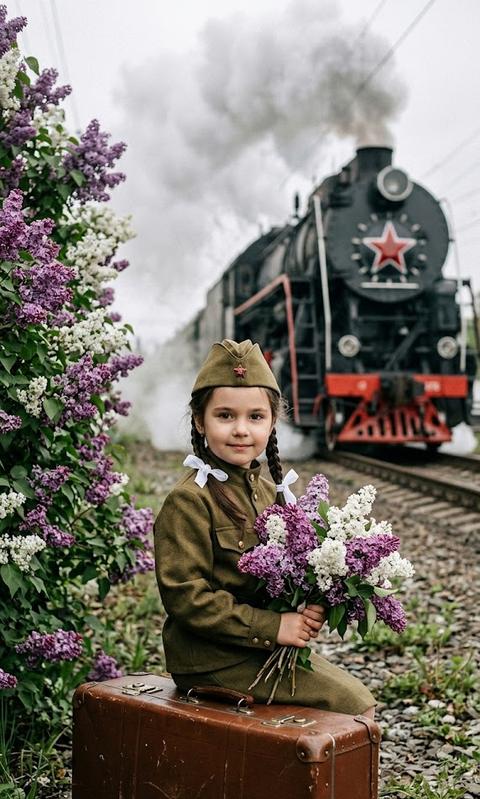 Трогательный портрет девочки с милым выражением лица, смотрящим прямо на зрителя. Внешность ребёнка должна полностью соответствовать исходному фото, без каких-либо изменений. Волосы заплетены в две косички с белыми бантиками. Ребёнок одет в исторически вдохновлённую оливково-зелёную форменную куртку в стиле милитари и соответствующую фуражку с эмблемой красной звезды спереди. Ребёнок сидит на винтажном коричневом кожаном чемодане с металлическими застёжками, держа в руках большой, пышный букет белых и фиолетовых сиреневых цветов.

Композиция представляет собой средний план: ребёнок расположен немного правее центра кадра, занимая нижнюю половину изображения. На заднем плане виден большой тёмный паровоз с красной звездой на передней части, приближающийся по железнодорожным путям. Из поезда поднимается значительное количество белого пара, создавая мягкую дымку на заднем плане. Слева от ребёнка цветёт пышный куст фиолетовых и белых сиреневых цветов, добавляющий глубины и цвета переднему плану.

Освещение мягкое и естественное, напоминающее пасмурный или рассеянный дневной свет. Здесь нет резких теней, что придаёт сцене нежный и ностальгический вид. Общая цветовая палитра представляет собой смесь землистых тонов (оливково-зелёный, коричневый, тёмно-серый цвет шлейфа) и ярких цветочных оттенков (фиолетовый, белый, зелёная листва), контрастирующих с ярко-белым паром и светлой кожей ребёнка.

Стиль — реалистичная фотография с немного винтажной или ностальгической эстетикой, напоминающая историческую реконструкцию или тщательно поставленный портрет. Настроение радостное, невинное и напоминает ушедшую эпоху, возможно, прославляя историческое событие или память. Важные детали включают эмблему красной звезды на фуражке и шлейфе, особый стиль униформы, белые банты в волосах, текстуру старого чемодана и отчётливый вид сиреневых цветов. Поезд явно представляет собой паровоз, а не современный поезд, и является неотъемлемой частью фона, а не просто размытым элементом. Не меняй лицо даже на 1%. Формат 9:16