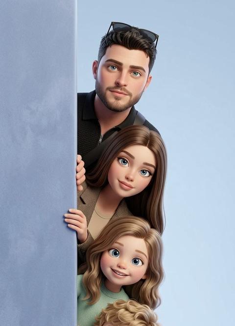 СТРОГО сохранить внешность всех персонажей с загруженных фото 1:1 — лица, пропорции, возраст, цвет кожи, цвет и длину и цвет волос или шерсти без изменений. Использовать только персонажей, присутствующих на фото, не добавлять новых людей или животных. Фото — эталон внешности. Формат 9:16. 3D-иллюстрация в мягком премиальном стиле Pixar / Disney. Персонажи с фото выглядывают из-за вертикальной матовой стены слева. Видны только головы, руки или лапы и верхняя часть корпуса. Все расположены строго один под другим в ровной вертикальной линии: внизу самый младший персонаж, выше — старшие, сверху самый старший. Если на фото есть питомец — он располагается внизу; если питомца нет — никаких животных не добавлять. Каждый держится за край стены и слегка выглядывает вперёд с дружелюбным выражением, взгляд в камеру. Стена пастельно-голубая с мягкой бархатистой текстурой. Фон — чистый небесно-голубой студийный градиент. Мягкое студийное освещение без жёстких теней, аккуратный 3D CGI, высокая детализация, 4K.