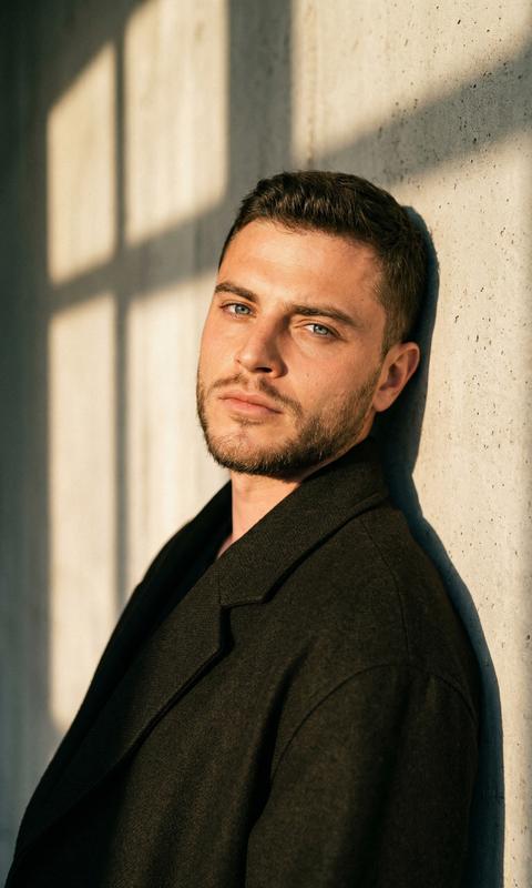 создай портрет, не меняя черты лица.  портрет мужчины, . На нем темный пальто пиджак большого размера, Ее поза эмоциональная, интроспективная и уверенная. Он  смотрит в камеру, он упирается плечом в стену.
Тень от окна падает на стену позади него,  создавая меланхоличную и артистичную ( атмосферу, красивый рассветный свет, подчеркивает кожу . Зерно, 4К, высокая детализация ткани одежды, кожи  