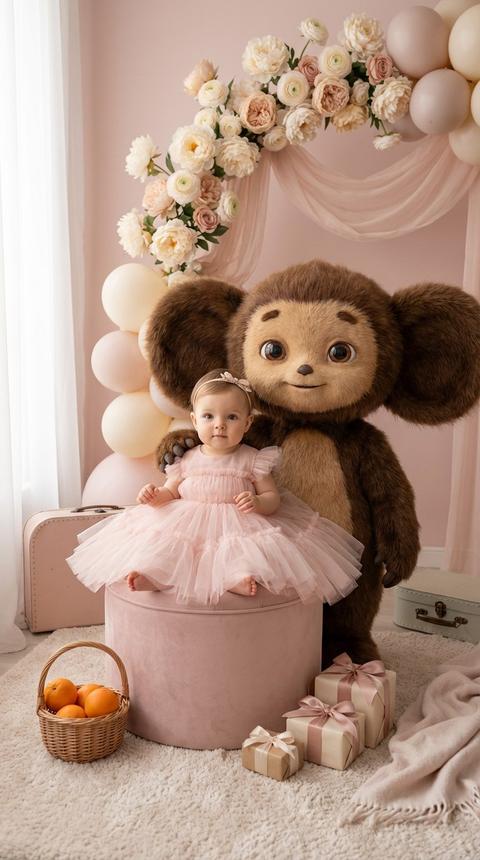 ASPECT RATIO: 9:16
REF_1 = фото девочки (identity reference).
CRITICAL IDENTITY MATCH: лицо девочки должно максимально совпадать с референсом: сохранить форму головы и челюсти, пропорции, форму и посадку глаз, нос, губы, естественную асимметрию, тон и текстуру кожи. Не взрослить и не омолаживать. Без бьюти-пластика, без “кукольности”.
Фотореалистичная high-end baby studio photoshoot в нежно-розовой luxury-палитре, как обложка premium baby magazine.
Сцена: девочка устойчиво сидит на мягкой круглой оттоманке/пуфе (низкий, безопасный, мягкий), лёгкая естественная поза, ровная спина, руки расслаблены.
Одежда девочки: воздушное нежно-розовое тюлевое платье (многослойный тюль, аккуратные швы, реалистичная ткань), тонкая повязка на голову с маленьким бантом (без брендов).
Персонаж: позади девочки стоит Чебурашка НЕ игрушечного масштаба, рост примерно 75–90 см, он примерно на 1–1.3 головы выше сидящей девочки. Он стоит близко, слегка наклонившись вперёд, одна лапа бережно лежит на плече девочки (естественное касание, правильная анатомия кисти, 5 пальцев, без деформаций, без лишних пальцев). Выражение лица доброе, спокойное, лёгкая мягкая улыбка, взгляд направлен к девочке/в камеру.

Чебурашка — как живое существо (photoreal creature): натуральная шерсть с микродеталями (вариативная длина ворса, направление роста, лёгкая микроспутанность, мягкие тени в углублениях), правдоподобные глаза с влажным бликом и глубиной, аккуратные небольшие несовершенства, без “CGI-глянца”, образ узнаваемый, но реалистичный.

Фотозона: пудрово-розовая циклорама с мягким градиентом + лёгкие драпировки из органзы/шифона. Сбоку/за спиной — арка из кремовых и пудровых цветов (пионы/ранункулюсы) и матовых пастельных шаров без надписей. На полу светлый пушистый ковёр, немного лепестков, 2–3 подарочные коробочки с шелковыми лентами, небольшой винтажный чемоданчик пастельного цвета.
Тематический реквизит “Чебурашка”: корзинка с апельсинами рядом (несколько апельсинов аккуратно у пуфа), тёплый плед, нейтральная детская книжка без текста/логотипов. На заднем плане — мягкая гирлянда огоньков с красивым bokeh.
Кадр чистый и минималистичный: много воздуха, идеальная аккуратность, ничего лишнего.

Свет: премиальный студийный. Большой мягкий источник слева (soft key), справа отражатель (fill), лёгкий контровой/рим-лайт для отделения от фона. Нежные чистые тени, аккуратные блики в глазах девочки и Чебурашки, без пересветов.
Камера: full-frame, 85mm, f/2.2, резкость на лицах девочки и Чебурашки, фон в мягком боке.
Color grade: airy pastel, нежно-розовые и кремовые тона, высокая динамика, естественные телесные оттенки, без перенасыщения.
QUALITY: ultra-detailed, 8k, HDR, high fidelity, realistic fur micro-detail, natural skin pores, no artifacts.

(Если поддерживается) SETTINGS:
 • Face identity strength: high (80–95%)
 • Variation / denoise: low–medium (0.25–0.45)
 • Texture preservation: ON (skin/fur/fabric)
 • Photoreal mode: ON
 • Anti-artifacts: ON

⸻

NEGATIVE (если поддерживается)

tiny cheburashka, toy scale, miniature, plush toy, doll, cartoon, illustration, anime, CGI look, 3d render, uncanny, creepy, wax skin, plastic skin, over-smoothed, baby face altered, older child, adult-like, wrong age, blur, lowres, heavy noise, harsh shadows, oversaturated pink, bad anatomy, deformed hands, extra fingers, missing fingers, distorted face, wrong proportions, duplicate people, watermark, text, logo, brand labels.