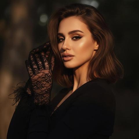 Не меняя внешности женщины с фото, образ наполнен атмосферой загадочности и интриги, словно запечатлён в кинематографическом портрете глубокого вечернего света с мягкой игрой теней, которые обволакивают её лицо и тело. Женщина позирует в полуобороте, её взгляд устремлён слегка в сторону, создавая ощущение задумчивости и отстранённости. Свет падает преимущественно слева, подчёркивая тональный контраст между светло-золотистыми локонами её пышных, слегка растрёпанных волос и теплыми оттенками её кожи, создавая объемный и живой силуэт. Её вытянутые вверх руки, украшенные долгими чёрными кружевными перчатками с изящным плетением и нежными перьевыми вставками по краям, нежно обрамляют лицо, добавляя образу нотку элегантной театральности и мистики. Выразительный макияж с акцентом на глаза – эффектные чёрные стрелки, подчёркивающие миндалевидную форму глаз, и полные объёмные губы, приоткрытые в едва уловимом полуусмешке, вносят драматический и соблазнительный характер в кадр. Фон остаётся неразличимым, скрытым разбросанными тенями и мягким размытием, что делает фигуру женщины доминирующим элементом композиции. Акцент на текстурах – гладкость кожи, воздушность волос, изящество кружева – передан с высочайшей детализацией. Эмоциональный настрой кадра балансирует на грани мечтательности и загадочного уединения, создавая уникальную чувственную ауру фрагмента, словно сцена из авторского фильма в стиле ретро с современной эстетикой. фотореалистичное изображение, высокая текстурная детализация, высокое качество, разрешение 8K. Не меняя внешности женщины с фото, образ наполнен атмосферой загадочности и интриги, словно запечатлён в кинематографическом портрете глубокого вечернего света с мягкой игрой теней, которые обволакивают её лицо и тело. Женщина позирует в полуобороте, её взгляд устремлён слегка в сторону, создавая ощущение задумчивости и отстранённости. Свет падает преимущественно слева, подчёркивая тональный контраст между светло-золотистыми локонами её пышных, слегка растрёпанных волос и теплыми оттенками её кожи, создавая объемный и живой силуэт. Её вытянутые вверх руки, украшенные долгими чёрными кружевными перчатками с изящным плетением и нежными перьевыми вставками по краям, нежно обрамляют лицо, добавляя образу нотку элегантной театральности и мистики. Выразительный макияж с акцентом на глаза – эффектные чёрные стрелки, подчёркивающие миндалевидную форму глаз, и полные объёмные губы, приоткрытые в едва уловимом полуусмешке, вносят драматический и соблазнительный характер в кадр. Фон остаётся неразличимым, скрытым разбросанными тенями и мягким размытием, что делает фигуру женщины доминирующим элементом композиции. Акцент на текстурах – гладкость кожи, воздушность волос, изящество кружева – передан с высочайшей детализацией. Эмоциональный настрой кадра балансирует на грани мечтательности и загадочного уединения, создавая уникальную чувственную ауру фрагмента, словно сцена из авторского фильма в стиле ретро с современной эстетикой. фотореалистичное изображение, высокая текстурная детализация, высокое качество, разрешение 8K.