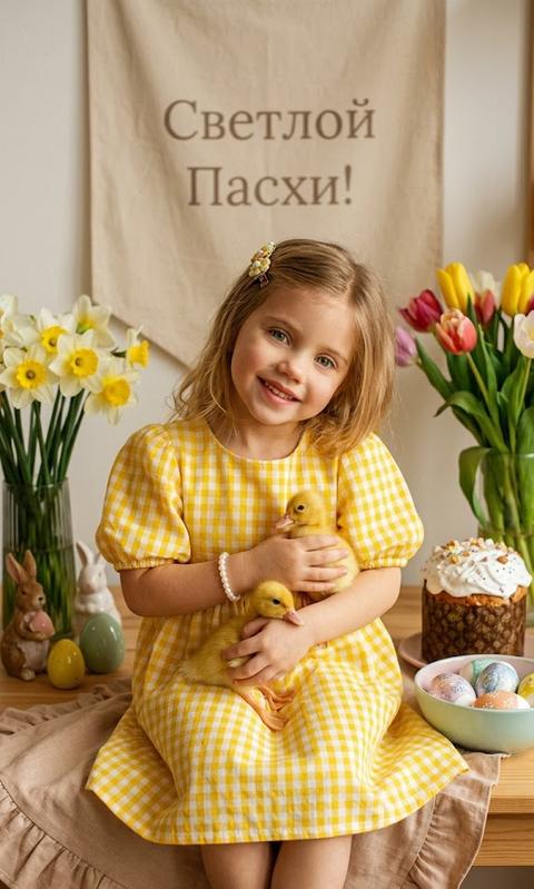 Кинематографический эффект с добавлением зерна . На переднем плане девочка в ярко-желтом платье в клетку с рукавами-фонариками сидит на светло-коричневой ткани с легким рюшем. Платье с белыми клеточками выглядит жизнерадостно, а девочка, нежно держа двух утят, слегка наклоняет голову, улыбаясь. На её шее — светлый жемчужный браслет, а в волосах — маленькая заколка с цветочком, что придаёт ей невинный, нежный вид. Вокруг неё весна: на заднем плане висит тканевый баннер с надписью «Светлой Пасхи!», выполненный простым шрифтом. По бокам композиции расположены живые цветы — нарциссы и тюльпаны в вазах, которые добавляют яркости и свежести. На столе рядом с девочкой стоят декоративные пасхальные фигурки кроликов и яиц, а также пасхальный кулич с глазурью. В пастельной тарелке аккуратно лежат декоративные яйца, создавая атмосферу уюта и праздника. Всё окружение выполнено в теплых пастельных оттенках, с мягким светом, который придаёт сцене спокойствие и гармонию. Жёлтое платье девочки и яркие тюльпаны на фоне создают контраст, привлекая внимание, а утята, ярко-жёлтые, вносят в композицию динамичность и детскую непосредственность.