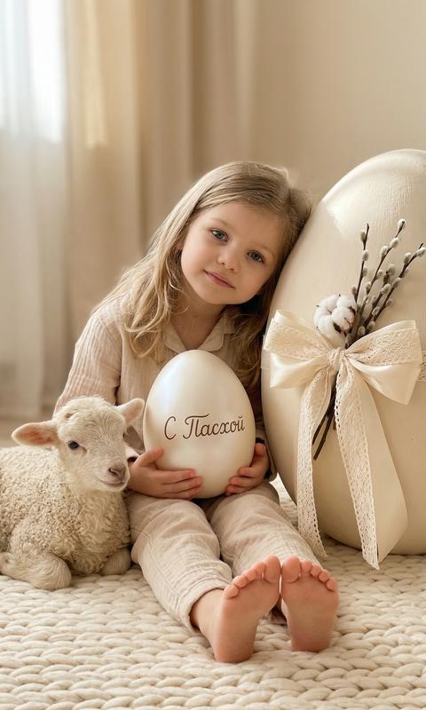 создай , не меняя черты лица. ультрареалистичное мобильное фото снятое на iPhone EXACT соответствие загруженному фото STRICT identity lock ребёнок сидит на текстурированном кремовом пледе занимающем нижнюю треть кадра немного повернут вправо босые ноги направлены вперёд взгляд в камеру голова слегка наклонена влево и опирается на большой вертикально ориентированный яйцеобразный реквизит украшенный широкой (около 30 см) атласно-гипюровой бежевой лентой завязанной в большой пышный бант в бант вставлены веточки вербы и декоративные веточки хлопка ребёнок одет в светло-бежевую хлопковую пижаму  рядом слева лежит маленький барашек с кудрявой шерстью цвета слоновой кости ребёнок держит гладкое жемчужное пасхальное яйцо размером около 20 см на уровне торса с аккуратной коричневой надписью «С Пасхой» большой яйцеобразный реквизит расположен справа фон мягко размытый в кремово-бежевых тонах с естественными солнечными тенями от окна мягкий рассеянный дневной свет создаёт нежные блики и мягкие тени перспектива на уровне глаз малая глубина резкости с чётким фокусом на ребёнке и реквизите тёплая пастельная цветовая палитра фотореализм мягкое боке лёгкое натуральное зерно высокая детализация живой момент снято на iPhone основной объектив 26–28mm эквивалент диафрагма около f/1.8 цифровая глубина резкости портретный режим естественный HDR минимальный handheld съёмка без студийного света натуральная экспозиция лёгкое движение кадра тонкая тёплая цветокоррекция мягкая виньетка чистый резкий аутентичный кадр
9:16
