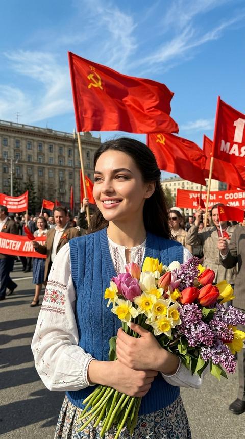 ultra-realistic photograph, RAW photo view, maximum texture detail, natural skin texture, visible pores, micro-contrast, realistic iPhone photo quality, woman in a Soviet-era spring outfit, white blouse and blue vest, holding a huge bouquet of flowers, red flags waving behind her, confidently looking to the side, bright blue sky, cinematic sunlight, glamorous makeup, highlighted cheekbones, cat eyes, realistic facial proportions, detailed skin, joyful Labor Day celebration, powerful feminine energy, realistic textures, editorial style. Do not change facial features.