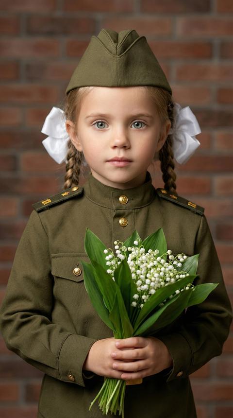 Портрет молодой девочки в современной военной форме Российской Федерации, аккуратный форменный китель оливково-зелёного цвета с пуговицами и погонами, на голове военная пилотка, волосы уложены в две косички с двумя крупными белыми бантами по бокам. Девочка держит в руках букет свежих ландышей с насыщенной зелёной листвой и мелкими белыми цветами, выражение лица спокойное, уверенное и серьёзное, взгляд направлен прямо в камеру. Фон — реалистичная кирпичная стена с мягким размытием, создающим глубину и отделяющим объект от фона. Стиль фотографии фотореалистичный, современный, с акцентом на чистоту деталей и натуральность внешности. Освещение мягкое, студийное, равномерно освещающее лицо и форму, без жёстких теней, подчёркивающее текстуру ткани и естественный тон кожи. Цветовая палитра естественная, с доминирующими оливково-зелёными, белыми и тёплыми кирпичными оттенками. Атмосфера спокойная, уважительная и трогательная, передающая чистоту, аккуратность и символичность образа. Крупный портретный план, высокая детализация лица, резкий фокус на глазах, малая глубина резкости, профессиональная портретная съёмка, объектив 85mm, f/2.0, ultra realistic, natural skin texture, sharp focus, soft background blur, 8k resolution, high detail, professional photography.