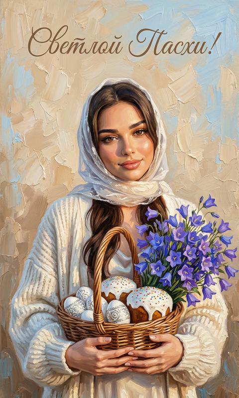 Создай открытку не меняя черты лица, Гиперреалистичное, вертикальное фото - молодая женщина в белом уютном укорочении свободном кардигане, крупной вязки уютном, и шелковом платье на голове полупрозрачный белый платок которым покрыты волосы, она держит в руках плетеную корзину с белыми пасхальными яйцами украшенными серебрянной и пасхальными куличами с белой глазурью, и посыпкой. В корзине большой букет колокольчиков.
Стиль: густая, масляная живопись с выраженными
мазками (oil painting, heavy brushstrokes).
Фон в теплых, бежево-голубых и тонах с выраженными мазками.
В верхней части изображения художественная надпись, выполненная каллиграфическим шрифтом в тон к общей палитре: Светлой Пасхи!
Мягкий, солнечный свет, малая глубина резкости, создающая уют и тепло.
Фото 9:16