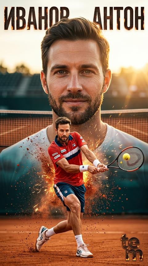 Спортивный кинематографичный постер элитного теннисиста, двойная композиция с эффектом двойной экспозиции.
Задний план (Background):
Большой портрет теннисиста (пол любой) по плечи. Спортсмен смотрит прямо в камеру, лёгкая уверенная улыбка. Мягкий контровой солнечный свет, золотые блики по контуру головы, волос и плеч. Shallow depth of field, размытые трибуны теннисного корта (например, корт с твердым или грунтовым покрытием) и сетка.
Передний план (Foreground):
В полный рост тот же теннисист в динамичной, мощной позе в движении, совершающий удар с отскока или подачу (например, forehand или backhand). Ракетка в руке, удар по теннисному мячу, летящие частицы пыли (особенно если корт грунтовый) и пота. Вокруг него огненные искры и светящиеся частицы, motion sparks, cinematic particles.
Элементы формы и графики:
Форма: Профессиональная теннисная экипировка соревновательного уровня (футболка-поло, шорты или теннисное платье/юбка), текстурированная ткань с логотипами спонсоров (цвета: красный, белый, синий). Все детали формы точно переданы.
По центру сверху кадра крупными буквами спортивным шрифтом с эффектом «выжженного» на грунте текста: {FULLNAME} — фамилия слева от головы, имя справа от головы, симметрично по обе стороны портрета.
В правом нижнем углу — декоративный логотип/монограмма с текстом «team», также с эффектом выжженного оттиска на грунте.
Атмосфера и стиль:
Теннисный корт днем, яркий контровой свет, солнечные блики или flare, драматичный спортивный постер. Оранжево-терракотовая доминанта грунтового корта, взрывы красной пыли по краям кадра, создающие эффект мощи и движения.
Технические детали:
Фотореализм, ультра детализированная кожа лица, текстура теннисной формы, ракетка, теннисный мяч в момент удара, 85mm lens, f1.8, cinematic photography, high contrast, HDR, sharp focus на переднем плане, professional sports advertisement, poster design.
Цветокоррекция:
Теплые золотые хайлайты, глубокие тени, лёгкий teal (бирюзовый) в глубоких тенях, poster layout, sparks, tennis dust, glowing particles, dramatic lighting, high detail, 4k, ultra realistic.
Описание внешности (Skintone block):
Natural light skin tone, fair european skin, светлая естественная кожа без загара, ровный тон лица, clean bright skin, без затемнения, без грязных теней на лице, без оранжевого или коричневого оттенка, realistic skin color, soft daylight on face, well lit face, correct white balance, healthy skin texture, no dark skin, no tan, no oversaturation, no harsh shadows on face.