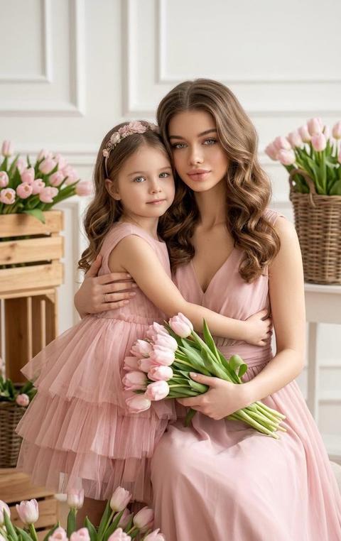 A woman and a little girl are half-turned to the camera, their bodies turned slightly inward. The woman is seated and the girl is standing next to her. The mother is hugging the child behind her back with one arm, holding a large bouquet of soft pink tulips with the other. The girl is snuggled close to her mother, her arms wrapped around her waist, their faces close together. Both are looking directly at the camera.
The shot is medium-high, from the waist up, the composition is centered, symmetrically complemented by flowers at the sides.
The woman's makeup is natural: a light, radiant tone, nude pink-peach lips with a satin finish, softly blended eyeshadow in warm beige tones, and carefully accentuated lashes.
The woman's hair is styled in soft, large waves, with volume at the roots and a natural shine. The girl wears a thin headband with small, soft pink flowers.
The outfit is in a cohesive color scheme. The woman wears a long, soft pink (powdery pink) dress with a V-neck; the fabric is smooth, matte, and softly folded.
The girl wears a full, soft pink tulle dress with a layered, airy textured skirt and light, translucent cap sleeves.
The location is a bright, interior studio with classic moldings on the creamy-white walls. Wooden crates and wicker baskets filled with soft pink tulips are arranged around the room. The composition is complemented by flowers in the foreground, creating depth in the frame.
The lighting is soft studio lighting or simulated natural daylight, with the main source positioned in front and slightly to the side. The light is diffused and warm-neutral. The shadows are soft, with smooth transitions, and the contrast is moderate, without harsh darks. The color rendition is natural, with an emphasis on the soft pink and cream palette. Shot with an 85mm portrait lens, shallow depth of field, sharp focus on the faces, slightly blurred background and foreground. High detail in fabric, colors, and skin texture. Fine art family portrait photography, soft natural light, highly detailed, photorealistic. Faces are not altered.
Soft blush pink family portrait mood,
dominant pastel pink and cream tones,
warm neutral color temperature,
low to medium contrast,
diffused frontal lighting,
gentle shadow gradients,
clean elegant editorial color grading,
romantic spring aesthetic.
Do not alter facial features.