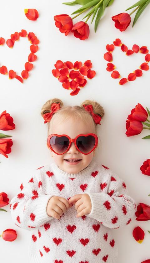 Создай портрет, не меняя черты лица. Фотореалистичный портрет  девочки, лежащей на белом фоне в окружении ярко-красных тюльпанов и лепестков в форме сердечек. Девочка улыбается, на ней надеты забавные очки в форме красных сердец и белый уютный свитер с принтом из красных сердец. Волосы уложены в два небольших пучка, украшенных блестящими красными бантами. Ракурс сверху (top-down view), мягкое естественное освещение, создающее атмосферу праздника, любви и нежности. Высокая детализация текстуры ткани и лепестков цветов.