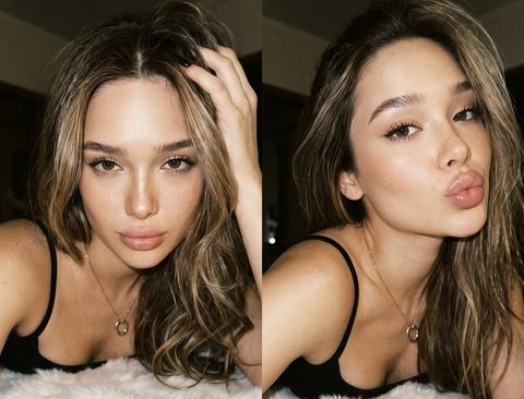 Зернистый четырехпанельный коллаж в винтажном стиле со вспышкой.Обязательно: не меняйте внешность женщины - точно передайте и сохраните ее лицо с эталонной фотографии, сохраняя черты лица, пропорции, Гламурный макияж глаза с длинными черными стрелками, длинные густые ресницы эффект лучики, Хайлайтер во внутренних уголках и скулах. Пухлые губы, с блеском. Тело подсвечено хайлайтером .
Каждая панель представляет собой селфи-портрет крупным планом, снятый с помощью жесткой прямой вспышки на камере. Женщина лежит на мягкой белой поверхности из искусственного меха в приглушенном, уютном интерьере. Она одета в черную майку с тонкими бретельками бюст третьего размера .
Ее волосы блестящие .
Каждая панель представляет собой другую интимную позу: слегка приоткрытые губы с головой, наклоненной назад, дразнящий боковой взгляд с пальцами, касающимися губ, рука, лежащая в волосах с медленной уверенной ухмылкой, и взгляд в сторону , отправляющая воздушный поцелуй
. Выражение лица остается спокойным, чувственным и самоуверенным.
Неглубокая глубина резкости, макродетализация сверхвысокого разрешения, настоящая естественная текстура кожи без ретуши, без размытия, без пластического эффекта. Сбалансированная вспышка и окружающий свет, редакционный стиль модной фотографии, кинематографический реализм, точная цветопередачка, видимая зернистость пленки, высокая детализация ткани и поверхности, премиальное качество, разрешение 8K. Ногти чёрные форма квадрат
Высокая детализация текстур кожи, одежды и волос.
Тёплое, зернистое освещение, высокая контрастность.