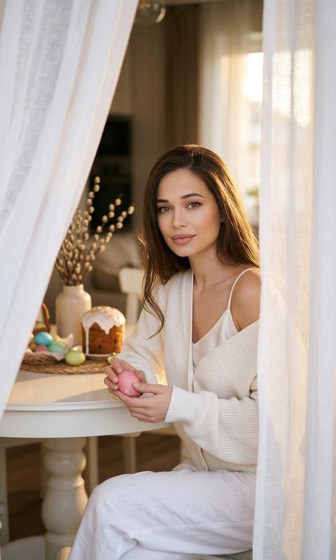 Создай крупный портрет, не меняя черты лица 
женщина сидит за белым круглым столом, держит в руках яичко розовое.  Эффект подглядывания из-за белой полупрозрачной тюлевой занавески . на девушке свободный молочный кардиган спущенный с плеча и домашний комплект белый свободные штаны и топ на бретелях  . Она смотрит в камеру с легкой улыбкой. Мягкий теплый солнечный свет создает волшебную атмосферу. обеденный белый стол круглый, на котором веточки вербы, праздничный кулич и несколько цветных пасхальных яиц, Фотореалистичный стиль, магия повседневного момента, уют, 
Формат 9:16