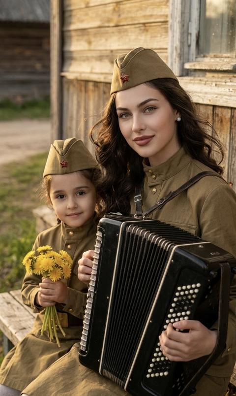 Создай крупный портрет, не меняя черты лица. 
Захватывающий портрет молодой женщины с красивыми волосами, и ребенка, одетых в военную форму советских времен, включая тунику цвета хаки и пилотку с эмблемой красной звезды. Они сидят  на лавочке, возле деревенского дома, женщина держит в руках черный аккордеон с белыми пуговицами и мехами, ее руки изящно лежат на инструменте.ребенок держит в руках желтый одуванчики.  Их взгляд мягко направлен в камеру, с легкой улыбкой. На видимом ухе она носит одну жемчужную серьгу. Композиция представляет собой средний план, где женщина и аккордеон доминируют в нижних двух третях кадра. Она расположена немного правее центра. Безупречный макияж , губы розово коричневые, волосы длинные волнистые их слегка раздувает ветер.   Золотой час, красивый свет, подчеркивающее ее лицо, детали униформы и аккордеона. 