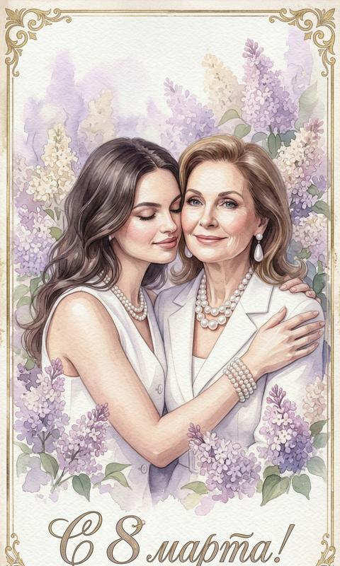 Create a postcard, without changing facial features. Close-up watercolor portrait of a woman and her mother among lilac bushes. A girl with wavy hair gently touches her head to the woman, her eyes closed. The woman lovingly embraces the girl. Soft blurry strokes, delicate color palette, paper texture of a postcard. Composition like an antique greeting card. Inscription "Happy March 8th!" in a decorative vintage font. 9:16