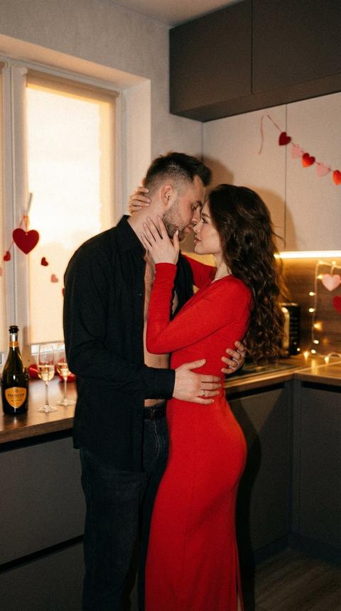 Создай крупный портрет, не меняя черты лица. Кинематографический эффект добавлением в зерна Её На ней насыщено красное платье по фигуре   с открытой спиной очень длинное и с рукавами. Волосы волнистые и длинные. Интерьер украшен к дню влюбленных. Девушка смотрит на мужчину, мужчина смотрит на неё, она сложила изящно руки у него на шее, он обнимает её за талию. На нем черная растегнутая рубашка. Современная кухня. На кухонной поверхности стоит просеко, и два бокала, царит праздничная атмосфера. Безупречный макияж.  Сзади её обнимает, мужчина, который уткнулся в её волосы, на нем темные брюки и черная растегнутая рубашка. Свет приглушен Всё это смягчается тёплым освещением, которое проникает через окно, придавая фотографии атмосферу интимности и уюта
Фото смазанное в движении