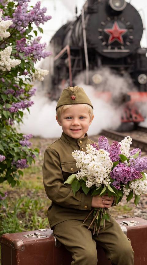 A boy with a sweet, happy expression, looking directly at the viewer. The child's appearance must completely match the original photo, without any changes. Short neat hair. The boy is dressed in a historically inspired olive-green military-style uniform jacket and a matching peaked cap with a red star emblem on the front. The child is sitting on a vintage brown leather suitcase with metal clasps, holding in their hands a large, lush bouquet of white and purple lilac flowers.

The composition is a medium shot: the child is positioned slightly to the right of the frame's center, occupying the lower half of the image. In the background, a large dark steam locomotive with a red star on its front is visible, approaching on railway tracks. A significant amount of white steam rises from the train, creating a soft haze in the background. To the left of the child, a lush bush of purple and white lilac flowers is blooming, adding depth and color to the foreground.

The lighting is soft and natural, reminiscent of overcast or diffused daylight. There are no harsh shadows, giving the scene a gentle and nostalgic look. The overall color palette is a mix of earthy tones (olive-green, brown, dark gray of the steam plume) and bright floral hues (purple, white, green foliage), contrasting with the bright white steam and the child's fair skin.

The style is realistic photography with a slightly vintage or nostalgic aesthetic, reminiscent of a historical reenactment or a carefully staged portrait. The mood is joyful, innocent, and reminiscent of a bygone era, perhaps celebrating a historical event or memory. Important details include the red star emblem on the peaked cap and the train, the specific style of the uniform, the texture of the old suitcase, and the distinct appearance of the lilac flowers. The train is clearly a steam locomotive, not a modern train, and is an integral part of the background, not just a blurred element. Do not change the face even by 1%. Format 9:16