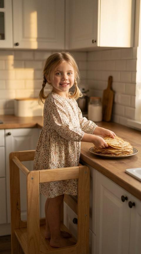 Создай портрет, не меняя черты лица. Маленькая девочка с волосами, собранными в два хвостика, стоит на деревянной стремянке-помощнике на кухне. Она одета в светлое винтажное платье в мелкий цветочек. Ребенок увлеченно перекладывает стопку тонких блинов на тарелку на деревянной столешнице. Кухня в скандинавском стиле: белые шкафчики, белая плитка «кабанчик» на фартуке, уютный теплый свет. Смотрит в камеру. Кинематографичное освещение, мягкие тени, естественные цвета, эстетика загородного дома.
Стиль: Cottagecore, Hygge, Lifestyle photography.
Свет: Golden hour, Warm ambient lighting, Soft shadows.
Детали: Floral print dress, Wooden kitchen counter, Learning tower.