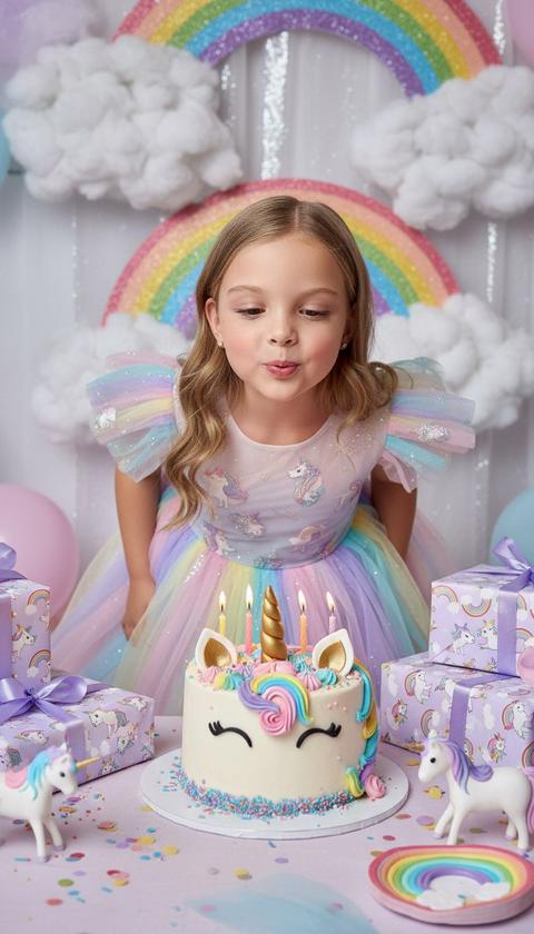 Гиперреалистичная, детализированная фотография: девчока на дне рождения в стилистике "Единорогов и Радуги". Пастельные тона, облака, блестки, фигурки единорогов. Девочка дует на пять свечей на торте в виде единорога, много подарков вокруг, яркие эмоции. Живое, динамичное фото, вертикальный формат. Не меняй черты лица 
