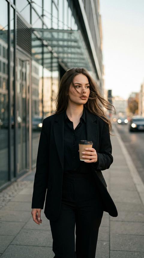 Strictly preserve the appearance 1:1 — face, features, proportions, skin texture, and hair color. Format 3:4. Photorealistic color frame like a stop-frame. A girl walks along a city sidewalk parallel to the building's facade. Shoulders square to the camera. Right arm is lowered along the body, left arm holds a coffee cup at chest level. Hair is blown by the wind to the right, some strands cross the face. Gaze to the right. Clothing: black shirt, black oversized blazer, black trousers. To the left, a beautiful modern city facade, neat architecture; to the right, a softly blurred street and cars. Light is warm, cinematic, slightly muted. Underexposed, low contrast, soft film look, light haze, no HDR, no clean digital.