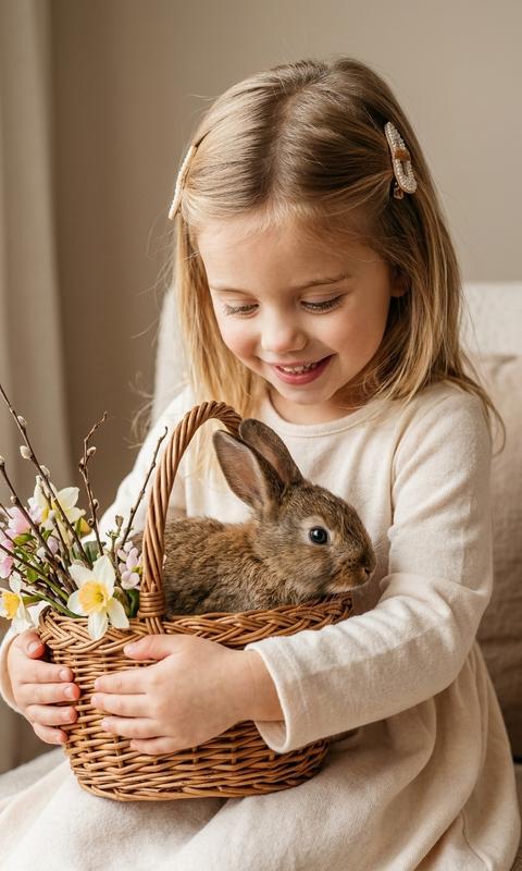 Warm lifestyle portrait captured in intimate indoor setting, young child seated while gently holding a woven basket containing a small brown rabbit decorated with spring flowers and natural branches\. Shot in close medium framing focused on emotional interaction between child and animal\. The child wears a soft long\-sleeve cream dress with loose comfortable silhouette and delicate fabric folds, posture slightly leaned forward while arms carefully embrace the basket\. Head tilted downward with joyful smile directed toward the rabbit creating candid storytelling feel\. Hair styled neatly with small decorative clips securing strands to the side\. Background softly blurred with warm neutral tones enhancing cozy atmosphere\. Natural seated angle at child eye level for emotional realism, soft sculpted face, rosy cheeks, glossy lips, clean defined brows\. Neutral warm lighting with slight smartphone front camera flash, balanced shadows\. Reference to image\. Added fine film grain, realistic skin pores, subtle glow\. Pinterest clean\-girl meets luxury desert vibe, lifestyle editorial photography, ultra\-detailed, 8K quality\.