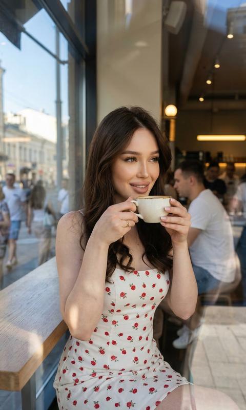 Сохрани внешность девушки с исходного фото 1:1. Создай ультра реалистичный кадр девушки с чашкой кофе. Девушку видно по пояс в кадре. Она сидит в кофейне за высоким столом прямо у окна, кадр сделан с улицы сбоку, девушку видно через окно кофейни. На улице солнечно. У неё распущенные волосы, боковой пробор и завитые концы, макияж профессиональный, ровная кожа с лёгким сиянием и легкий загар, выразительные глаза, реснички густые, губы нюд матовые. Девушка в стильном белом легком платье в цветочек красные розочки. Она двумя руками держит изящную чашку с кофе, поднося ее к губам, взгляд милый и располагающий, направлен на улицу. Высокое качество фото. Свет утренний естественный. Кинемотографичный кадр. Высокая детализация лица, профессиональная съемка.