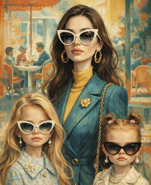Surreal mid-century editorial illustration featuring the woman from the first reference photo and both children from the second reference photo, all transformed into the same eccentric, fashion-forward surrealist style.
Preserve each subject's recognizable identity, facial features, age, hair color, and facial structure while translating them into a unified illustrated world.
The woman and both children must receive identical levels of stylization, abstraction, anatomical exaggeration, painterly treatment, and fashion reinterpretation. The children must not appear more realistic, simplified, or cartoonish than the woman; all three should follow the exact same artistic rules, including elongated proportions, narrow faces, oversized eyewear and accessories, surreal anatomy, expressive brushwork, sophisticated vintage-inspired fashion, and deadpan editorial expressions.
All subjects should feel designed by the same artist, with cohesive character language, equal visual importance, matching abstraction levels, consistent color treatment, and identical editorial-fashion aesthetics. The children are reimagined as miniature high-fashion characters whose styling matches the elegance and sophistication of the woman.
Set inside a stylish [Location], with a vivid retro palette dominated by [Color], [Color], and [Color]. Painterly oil-brush textures, subtle lowbrow surrealism, cinematic composition, whimsical blurred background figures, elegant café culture energy, dramatic accessories and jewelry, textured painted environment, contemporary art gallery meets 1960s Riviera illustration. Luxury editorial fashion illustration aesthetic, unified visual hierarchy, consistent stylization across adults and children, vertical composition, 9:16.