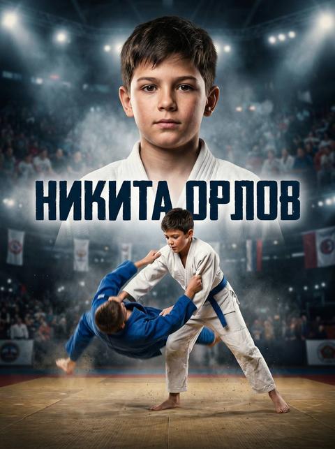 ДЗЮДО Создай кинематографичный спортивный постер с участием ребенка, занимающегося дзюдо, используя референсное фото и максимально точно сохраняя черты лица, пропорции и индивидуальность внешности, с реалистичной текстурой кожи без эффекта пластика. Сцена: додзё или арена для соревнований по дзюдо. Атмосфера сосредоточенная и напряженная, с драматичным освещением (контрастный свет сверху и сбоку), легкая дымка подчеркивает глубину и концентрацию момента. Композиция: На переднем плане — ребенок в полный рост в момент действия (бросок, захват или подготовка к приему). Динамичная поза: баланс, контроль, сила и техника. Видна фактура татами, ощущение контакта с поверхностью. Возможен второй участник в размытом виде для контекста, но главный акцент на ребенке. На заднем плане — крупный портрет того же ребенка, с точным сохранением лица с референса, спокойный, уверенный и сосредоточенный взгляд. Важное требование (референс): Сохранить идентичность лица: форма глаз, носа, губ, пропорции. Не изменять возрастные черты. Реалистичная кожа: текстура, без сглаживания и «пластика». Без чрезмерной ретуши. Максимальная узнаваемость. Внешний вид: Кимоно для дзюдо (дзюдоги) — белое или синее. Пояс (соответствующий уровню). Босые ноги. Естественное телосложение ребенка. Фон: Татами. Затемненный зал или арена. Размытые силуэты зрителей или минималистичный фон. Световые лучи через дымку. Цветовая палитра: Белый/синий (кимоно) как основной акцент. Темные оттенки фона (графит, черный). Теплый свет прожекторов. Контраст света и тени. Текст: Имя и фамилия: «{FULLNAME}». Шрифт: строгий, мощный, минималистичный, с легкой восточной эстетикой. Стиль: Гиперреализм с сохранением likeness, Cinematic lighting, High contrast, Ultra detailed, Depth of field, Фокус на движении и технике. Эффекты: Легкая дымка, частицы пыли в воздухе, мягкие световые лучи, легкие светящиеся искры (очень деликатно), подчеркивание текстуры ткани и реалистичной кожи, ощущение движения и контакта. Атмосфера: дисциплина, контроль, уважение, сила, концентрация, внутренняя уверенность, дух поединка. Кожа лица реалистичная без эффекта пластика. Другой текст кроме имени и фамилии не надо. На русском языке. Флаги и государственную символику не надо.