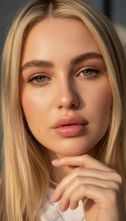 Не меняя внешности женщины с фото, крупным планом показано лицо с идеальной кожей, увлажненной и слегка блестящей под ярким светом, что создает эффект влажной свежести. Густые, естественные брови с четко выраженными волосками контрастируют с нежной текстурой кожи, где видны мельчайшие детали пор и капель воды. Волосы частично видны сбоку, слегка взъерошенные, но неразличимо, как именно уложены. Губы пухлые, с натуральным розоватым оттенком и легким блеском, выглядят мягкими и объемными. Женщина слегка приоткрыла рот, придавая лицу тон расслабленной задумчивости. Глаза глубоко зеленые с теплым золотистым оттенком, направлены прямо в камеру, окруженные длинными, аккуратно разделенными ресницами. Освещение создает игру теней и бликов, где блики падают преимущественно с левого угла, подчеркивая скулы и контуры носа, придавая композиции выразительный, почти кинематографический эффект живости и присутствия. Фон неразличим, но оттенки холодные и приглушенные, что усиливает теплый тон лица. Композиция сосредоточена исключительно на лице и руке, которая нежно коснулась подбородка, кожа на руке также покрыта каплями воды и отражает свет в тех же теплых оттенках. Визуальная глубина, теплый и насыщенный цветовой баланс, подчеркнутый точной проработкой текстур и натуральностью деталей, создают ощущение близости и интимности, словно зритель может почувствовать свежую влагу и тепло кожи. Общее настроение — спокойствие, естественность и гармония, в сочетании с изысканной реалистичностью и мягким светом, идеальным для фотореалистичного изображения, высокая текстурная детализация, высокое качество, разрешение 8K. Не меняя внешности женщины с фото, крупным планом показано лицо с идеальной кожей, увлажненной и слегка блестящей под ярким светом, что создает эффект влажной свежести. Густые, естественные брови с четко выраженными волосками контрастируют с нежной текстурой кожи, где видны мельчайшие детали пор и капель воды. Волосы частично видны сбоку, слегка взъерошенные, но неразличимо, как именно уложены. Губы пухлые, с натуральным розоватым оттенком и легким блеском, выглядят мягкими и объемными. Женщина слегка приоткрыла рот, придавая лицу тон расслабленной задумчивости. Глаза глубоко зеленые с теплым золотистым оттенком, направлены прямо в камеру, окруженные длинными, аккуратно разделенными ресницами. Освещение создает игру теней и бликов, где блики падают преимущественно с левого угла, подчеркивая скулы и контуры носа, придавая композиции выразительный, почти кинематографический эффект живости и присутствия. Фон неразличим, но оттенки холодные и приглушенные, что усиливает теплый тон лица. Композиция сосредоточена исключительно на лице и руке, которая нежно коснулась подбородка, кожа на руке также покрыта каплями воды и отражает свет в тех же теплых оттенках. Визуальная глубина, теплый и насыщенный цветовой баланс, подчеркнутый точной проработкой текстур и натуральностью деталей, создают ощущение близости и интимности, словно зритель может почувствовать свежую влагу и тепло кожи. Общее настроение — спокойствие, естественность и гармония, в сочетании с изысканной реалистичностью и мягким светом, идеальным для фотореалистичного изображения, высокая текстурная детализация, высокое качество, разрешение 8K.