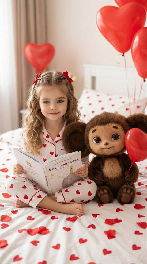 Создай не меняя черты лица соотношение сторон 9:16
Домашняя lifestyle-съёмка, девочка и чебурашка , сидят на кровати, поза: сидя по-турецки, корпус прямой, одна нога слегка вытянута вперёд, руки держат раскрытую детскую книгу «Маленький принц» на коленях, лёгкая улыбка, белая пижама с красными сердцами, волосы распущены, сверху две аккуратные косички, заплетённые назад, заколки красные бантики у девочки, кровать с белым постельным бельём и красными сердцами, вокруг лепестки сердец, красные воздушные шары в форме сердца на фоне и в лапе у чебурашки Мех Чебурашки детализированный, с ворсинками. Чебурашка в натуральную величину как фотореалистичный персонаж: реалистичная шерсть (видимые отдельные волоски), естественная анатомия, живые стеклянные глаза с бликом, мягкие тени в мехе. Чебурашка не игрушка, светлая комната, мягкий естественный дневной свет, романтическая атмосфера, Valentine’s Day aesthetic, pastel tones, shallow depth of field, ultra-realistic, high detail, vertical composition.
