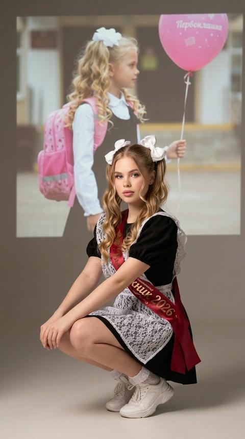 На фотографиях - художественный студийный портрет в мягкой, лаконичной гамме Девушка, не меняй черты лица, изящно сидит на корточках. Взгляд в камеру. На ней красная лента с надписью  «Выпускник 2026» золотым цветом надпись хорошо читаема. Девушка в чёрном платье с короткими рукавами-фонариками и белым кружевным фартуком (традиционный наряд для школьного выпуска) на ногах белые носки с кружевом и белые кроссовки массивные. Волосы — волнистые в два высоких хвоста с белыми бантиками, спереди две пряди.виден небольшой серьёзный акцент, подчёркивающий блеск и структура прядей. Безупречный макияж, губы пудрово розовые , позади и выше основная фигура видна большой проекция маленькой девочки, которая стоит в профиль с розовым портфелем , и шариком с надписью «Первоклашка». На девочки белая блузка , черный сарафан школьный, она стоит на фоне школы.  Освещение мягкое, направленное сверху-слева: оно создает тонкие тени на нейтральном фоне, без ярких деталей, что концентрирует внимание на текстурах ткани и силуэте, а также на контурах линий и негативного пространства. В целом снимок производит впечатление спокойной, утонченной, слегка романичной эстетики, где важны форма, текстура и настроение.Высококачественная студийная фотография 8к.