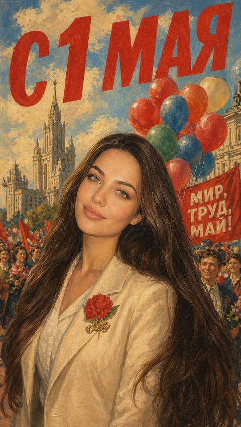 The image, rendered in the style of a Soviet postcard, depicts a woman positioned in the center of the frame, with beautifully styled hair, dressed in a light-colored jacket with a red flower brooch. She is smiling. In the background, balloons, a banner with the inscription "PEACE, LABOR, MAY!", a crowd of people, and architectural structures resembling cityscapes are visible. The inscription "MAY 1ST" is written in large red letters in the upper part of the image. The color palette is vibrant, with a predominance of red, blue, green, and beige hues. The lighting is soft, creating an atmosphere of celebration and optimism. The style of the image resembles oil painting with a slight graininess. Without changing facial features.