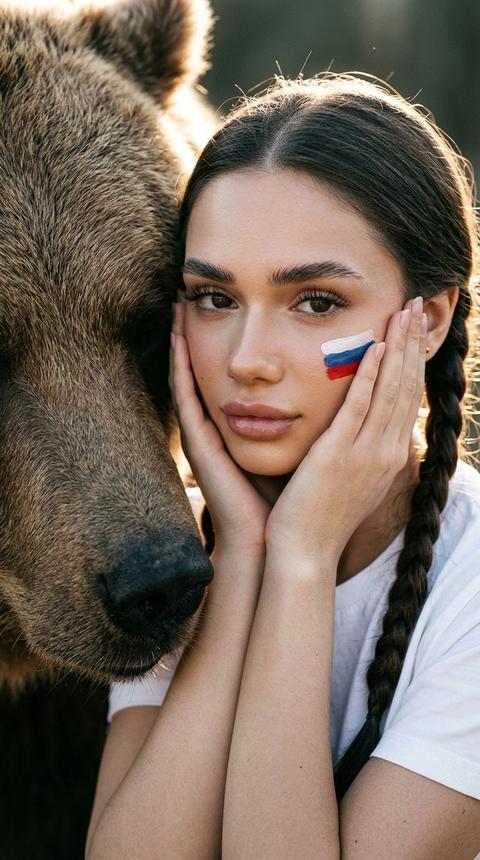 Экстремально близкий кадр девушки
Кинематографический эффект с добавлением зерна.
Контровой свет
Не меняй черты лица
Девушка смотрит в камеру обхватив лицо руками. Одета в белое
На щеке нарисован флаг РФ
Голова чуть наклонена взгляд в камеру.
Естественный макияж с сиянием
Рядом с ней огромный бурый медведь видно часть морды
Ресницы у девушки накрашены, губы влажные, брови зачесаны
Волосы заплетены в две косы
Формат 9:16 Экстремально близкий кадр девушки
Кинематографический эффект с добавлением зерна.
Контровой свет
Не меняй черты лица
Девушка смотрит в камеру обхватив лицо руками. Одета в белое
На щеке нарисован флаг РФ
Голова чуть наклонена взгляд в камеру.
Естественный макияж с сиянием
Рядом с ней огромный бурый медведь видно часть морды
Ресницы у девушки накрашены, губы влажные, брови зачесаны
Волосы заплетены в две косы
Формат 9:16