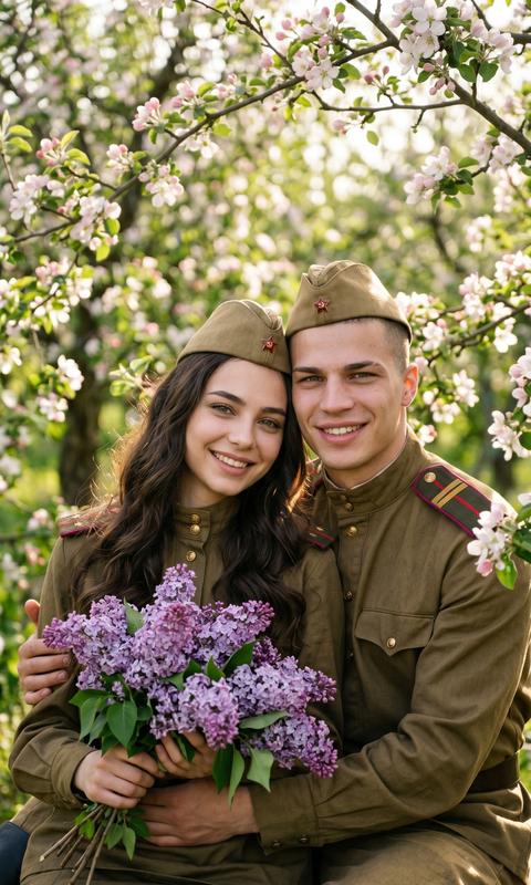 Create a portrait, without changing facial features. A high-quality, realistic photographic portrait of a Soviet married couple from World War II, taken close-up in a blooming apple orchard in spring. In the foreground are a woman and a man in full RKKA (Workers' and Peasants' Red Army) uniform of 1943, sitting side by side. The woman (on the left) with wavy hair, flawless makeup, wearing a khaki gymnasorka with shoulder boards, a side cap with a red star, holds a large bouquet of lilac-colored lilacs. She smiles, looking into the camera. The man (on the right), wearing a similar khaki gymnasorka and a side cap with a red star, sits embracing the woman and also smiles warmly. She has her head resting on his shoulder. His right hand rests on the woman's waist. In the background behind them are lush branches of blooming apple trees with delicate pink and white flowers and young green foliage, creating a soft, natural bokeh blur. Sunlight softly illuminates the scene, creating a warm, heartfelt atmosphere. Film quality with a slight grain, typical for the era, with natural color rendition. Shot on an analog camera using vintage optics. Centered composition, portrait orientation.