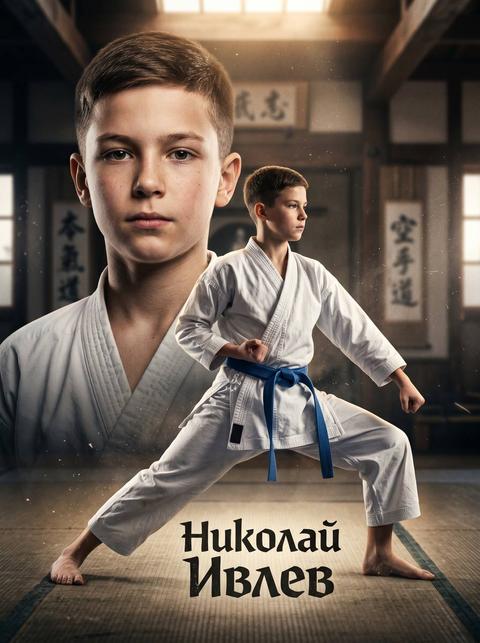 Создай кинематографичный спортивный постер с юным каратистом.
Сцена: традиционный или современный зал для карате (додзё) либо спортивная арена для турнира. Атмосфера строгая, сосредоточенная, с драматичным освещением (контрастный свет сверху и сбоку). Легкая дымка или частицы пыли в воздухе усиливают ощущение напряженного момента перед поединком.
Композиция:
На переднем плане — мальчик в полный рост в боевой стойке карате (киба-дачи или дзэнкуцу-дачи), готов к удару или блокировке.
Динамика тела: идеальная осанка, напряженные мышцы, собранность, абсолютная концентрация взгляда.
На полу — татами или спортивное покрытие с тонкой текстурой.
На заднем плане — крупный портрет того же мальчика (лицо в камеру, спокойный, сосредоточенный взгляд, ощущение внутренней силы и контроля).
Внешний вид:
Белое кимоно для карате (ги), слегка помятое от тренировок
Пояс (например синий или красный, в зависимости от уровня)
Босые ноги, устойчивое положение на татами
Спортивное, но подростковое телосложение (не взрослый спортсмен)
Аккуратная короткая стрижка, естественный внешний вид
Фон:
Додзё с деревянными или темными стенами, либо арена с минималистичным фоном
Мягко размытые элементы интерьера (ширмы, маты, символика боевых искусств)
Потоки света от верхних ламп или окон, пробивающиеся через легкую дымку
Возможен намек на зрителей в сильном боке или полностью абстрактный темный фон
Цветовая палитра:
Белый (кимоно) как главный акцент чистоты и дисциплины
Темные оттенки фона (черный, графит, темное дерево)
Теплые световые блики (золотистые/мягко-желтые)
Акценты пояса (синий/красный)
Текст:
Имя и фамилия (например): «{FULLNAME}»
Шрифт: строгий, мощный, японско-спортивный стиль (минимализм, каллиграфические или геометрические элементы, слегка текстурированный)
Стиль:
Гиперреализм
Кинематографичный спортивный постер
Dramatic lighting
High contrast
Ultra-detailed
Depth of field
Эффекты:
Легкие частицы пыли в лучах света
Едва заметное движение воздуха вокруг фигуры (ощущение удара энергии)
Тонкий туман в зале
Подчеркивание текстуры ткани кимоно и татами
Эффект концентрации и внутренней силы
Атмосфера:
дисциплина, контроль, уважение, внутренняя сила, концентрация, путь воина, дух карате.

Другие надписи не надо, только имя и фамилия русскими буквами.