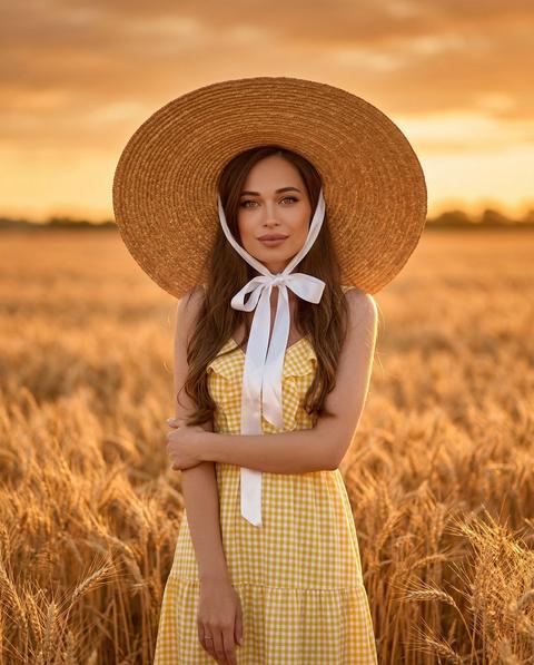 СТРОГО сохранить внешность 1:1 — лицо, черты, пропорции, текстуру кожи и тон без изменений, без ретуши.Близкий портрет по пояс, девушка стоит среди бескрайнего поля созревшей золотой пшеницы на закате. Центральным элементом композиции является сочетание летнего миди-платья в желто-белую клетку с рюшами на лифе ,на девушке надета гигантская широкополая соломенная шляпа завязанными белыми атласными лентами бантом.  Поле пшеницы простирается до горизонта под мягким, теплым небом 'золотого часа', залитым янтарным светом. Теплый свет подчеркивает текстуры соломы, ткани и колосьев. Снимок сфокусирован на деталях одежды и аксессуаров. Мягкая, романтичная фотография.Девушка стоит прямо к камере, взгляд направлен прямо в камеру. Спокойное выражение лица, нежная улыбка. Волосы распущены.Девушка обнимает себя руками, поза спокойная, расслабленная. Формат 3:4.