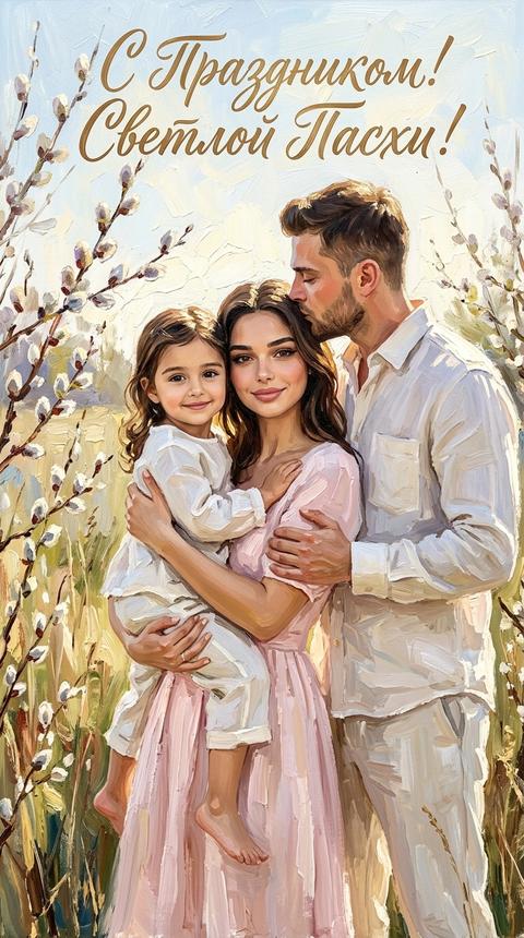 Сохрани внешность всех людей и их возраст. Гиперреалистичное вертикальное фото, мужчина стоит позади женщины и целует ее в макушку, он одет в молочную льняную рубашку и штаны ,женщина в светло-розовом платье и ребенок сидит на руках у девушки, смотрит в камеру с милой легкой улыбкой. Ребенок одет в льняную молочную одежду.
Стиль: густая масляная живопись с выраженными мазками
(oil painting, heavy brushstrokes). На открытке сверху каллиграфическая надпись на русском языке «С Праздником! Светлой Пасхи!», выполненные каллиграфическим шрифтом в тон общей палитре.
Освещение: мягкое, рассеянное, естественное, подчеркивающее черты лиц и создающее объем на веточках вербы.
Ракурс и композиция: портрет по пояс, фронтальный вид, фигуры расположены по центру. Солнечная погода, небо и вербы.
Не меняй черты лица.