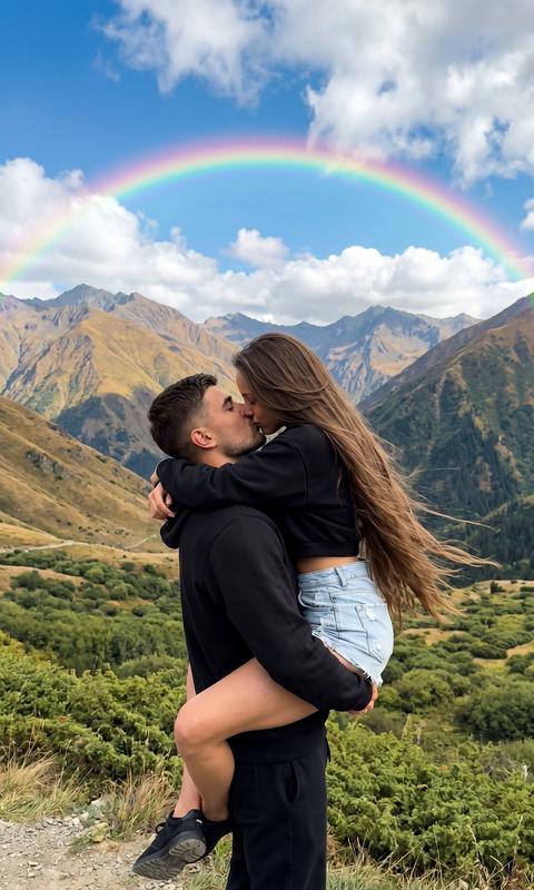 Ultra realistic cinematic travel photo, shot on iPhone 16 Pro Max, RAW aesthetic, ultra detailed textures, natural color grading, subtle film grain, vertical 9:16, shallow depth of field with wide landscape depth, realistic skin with visible pores, no beauty filter, no AI smoothing.
A romantic couple passionately embraces and kisses against a backdrop of a majestic mountain landscape. The man, in a black hooded hoodie and black trousers, lifts the woman into his arms, holding her securely. The woman, in a black cropped hoodie and light blue ripped denim shorts, wraps her legs around his waist, fully pressed against him in an emotional moment of intimacy.
The woman has very long, thick hair reaching below her waist, styled in a salon blowout: layered cascade haircut, layered shape, voluminous blowout with a round brush, smooth shiny strands, ends neatly curled inwards. The hair looks well-groomed, with natural movement from the wind and a soft sheen.
Composition — wide cinematic shot with a slight wide-angle effect: the couple in the foreground slightly left of center, with pronounced depth of field. The man's face is partially obscured by the woman's hair.
Background — dramatic hills and mountains in shades of brown, gold, and dark green, evoking a feeling of late summer or early autumn. Below is a soft green valley with shrubs. Above the mountains, a bright blue sky with fluffy white clouds and a vibrant curved rainbow, creating a fairytale cinematic mood.
Lighting — bright natural daylight with soft shadows, highlighting the relief of the mountains and the textures of the clothing. Subtle backlighting accentuates the contours of the couple and the woman's hair, adding depth and volume.
Color palette — rich and vibrant: earthy mountain hues, vivid greenery, clear blue sky, and a bright rainbow, contrasting with the couple's dark clothing.
Style: cinematic travel photography, emotional storytelling, ultra realistic 8K, dynamic composition, authentic candid moment, luxury adventure mood.
Negative prompt: blurry faces, plastic skin, CGI look, distorted anatomy, extra limbs, bad hands, low resolution, fake rainbow, oversaturated HDR, wax skin, stiff pose, unrealistic proportions, cartoon style.