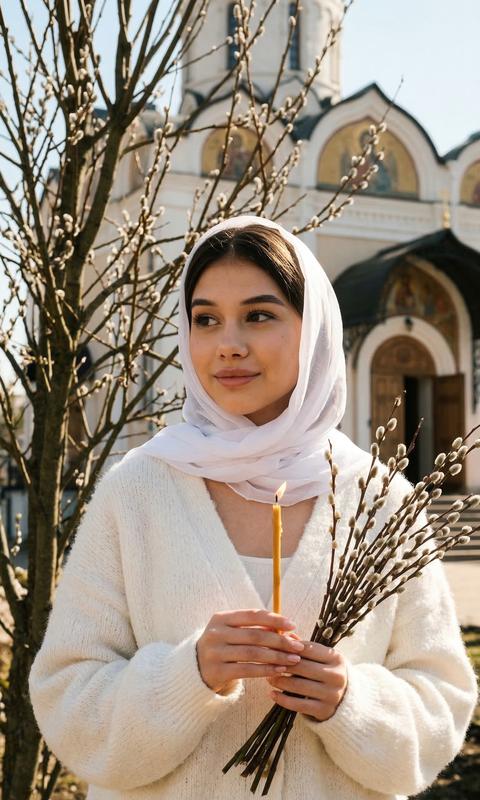 Создай портрет, не меняя черты лица. Кинематографический эффект с добавлением зерна экстремально крупный план лица 
девушка стоит у церкви ранняя весна она стоит у дерева с вербой. 
Солнечно , безупречный нежный макияж, волосы волнистые  , бархатная кожа, тёплый свет, на девушке белый оверсайз пушистый кардиган. 
Девушка в белом полупрозрачном  платке  держит в руке свечку 
Фото по пояс
Легкая улыбка на лице смотрит в сторону. 