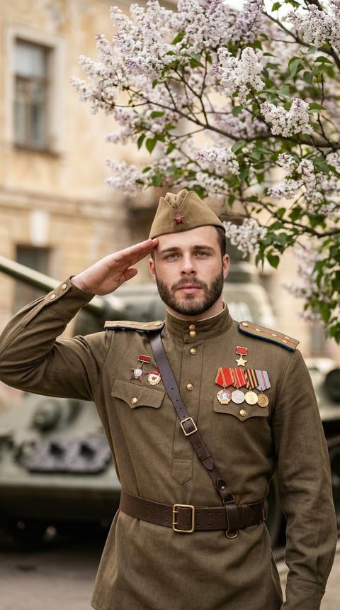 Сохрани внешность человека с фото. Создай портрет мужчины в винтажной военной форме времён середины
XX века на фоне танка), мужчина стоит по пояс в кадре, корпус слегка развернут к камере, плечи расправлены, отдает честь, взгляд направлен в камеру, выражение лица светлое и вдохновлённое, на груди аккуратно расположены медали и орденские ленты, ремень с металлической пряжкой, на голове фуражка с красной звездой, на фоне с эффектом боке ветви цветущего дерева с нежными бело-сиреневыми цветами, мягкий тёплый дневной свет
(soft spring
sunlight),легкое боке на фоне здания, cinematic historical
portrait photography,
85mm lens, f/2, ISO 100, высокая детализация ткани формы и кожи, теплая естественная цветокоррекция, профессиональная съёмка, вертикальный кадр. Волосы и лицо как в оригинале
9:16
