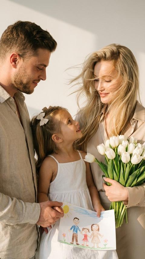 Не меняй черты лица. Крупный драматичный close-up семьи из 3 человек на фоне белой фотостудии: мужчина слева в профиль с полуопущенными глазами смотрит на девочку(с фото)  с легкой улыбкой держа ее за руку, девочка смотрит на маму с легкой улыбкой, мама с легкой улыбкой У девочки в одной руке рисунок детский мама папа и девочка . Они стоят в светлой фотостудии. Фото в золотой час . Ветер растрёпывает волосы мамы длинные блестящие у девушки, пряди частично закрывают лицо, добавляя динамику,на них всех бежевая легкая стильная одежда . Дочь одета в летнее  белое платье с двумя бантиками на голове Мама держит большой букет белых тюльпан в руке  Атмосфера интимная,кинематографичная,эмоциональная.Высокая детализация кожи,натуральная текстура,мягкие тени и приглушённые хайлайты.
Плёночный эффект с выраженным зерном,матовые тени,обработка в стиле Kodak Portra 400.Съёмка на 85mm в модном editorial-стиле.