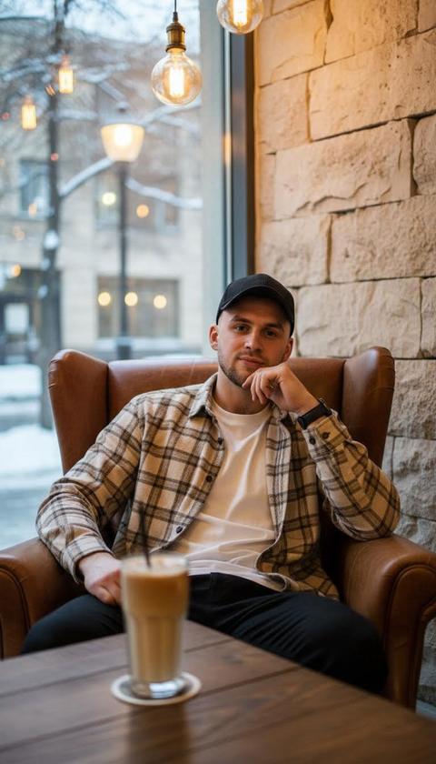 Создай портрет, не меняя черты лица. Реалистичное фото молодого мужчины спортивного телосложения  в уютном кафе. На нем надета бежевая фланелевая рубашка в клетку поверх белой футболки, черная кепка и темные брюки. Он сидит в кожаном кресле, подперев подбородок рукой, и смотрит в камеру. На переднем плане на деревянном столе стоит  стакан с холодным кофе (айс-латте). На заднем плане — стена из грубого светлого камня и панорамное окно, через которое видна вечерняя зимняя улица. Освещение теплое, от висящих ламп Эдисона, создающее мягкое боке и уютную атмосферу. Высокая детализация, 8k, освещение о вспышки . 
