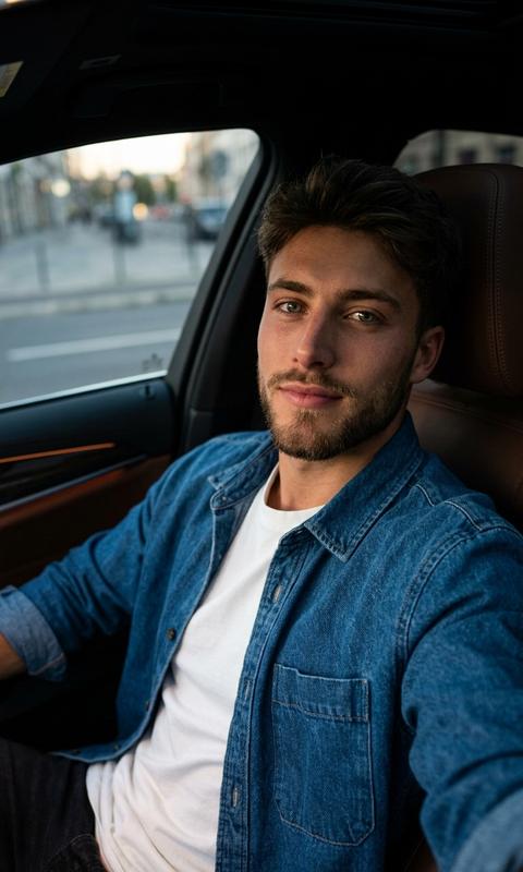 Создай , не меняя черты лица. Фотореалистичное селфи в салоне автомобиля. Мужчина  сидит на пассажирском сиденье, делая селфи. Салон коричневый ,  мужчина расслабленно сидит в кресле автомобиля. На нем белая футболка, и свободная джинсовая рубашка и з плотной голубой джинсы. Фон —  интерьер современного автомобиля с кожаными темно коричневыми сиденьями и деталями обшивки. Освещение мягкое, рассеянное, создающее глубокие тени и подчеркивающее контуры лица, атмосфера интригующая и кинематографичная. Телефон в кадре не видно.