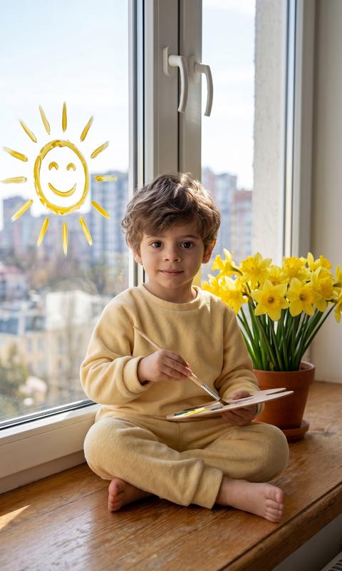 Without altering the appearance of the person from the photo, a child sits on a wide wooden windowsill by a large window in an apartment, unhurriedly and with a concentrated expression, holding a palette and a brush in her hands, the latter gently touching the surface of the palette. Dressed in a soft, light-yellow suit made of cozy, slightly fluffy material, which emphasizes the tenderness and warmth of the home environment. She sits cross-legged, barefoot, with slightly bent knees, looking directly into the camera with a slight smile that radiates tranquility and coziness. Daylight streams through the window, gently illuminating her face and creating subtle, almost imperceptible shadows that add volume and naturalness to the image. Behind her, a large white window frame is visible, on the glass of which a smiling yellow sun with rays is drawn with a brush, as if adding lively carefree joy and a dreamy mood to the scene. Nearby, a pot holds a lush bouquet of bright yellow daffodils, harmoniously matching the shades of her clothing and the sun on the glass. In the distance beyond the window, blurred silhouettes of city buildings are visible, which enhances the feeling of coziness and warmth within the domestic space. The entire scene is filled with light, tranquility, and the gentle atmosphere of a spring morning, where a small creative moment has transformed into something touching and lively, like a frozen frame from a film about childhood and simple joys. The atmosphere is maintained in soft, natural tones with accents of yellow-honey shades that permeate the entire frame, creating unity and harmony in the composition, while the overall lighting and shadows add depth and a sense of presence. Photorealistic image. Very high image quality, 8k. Do not change the child's appearance; leave facial features as they are. Shot on Canon EOS R5, RF 100mm f/2.8L Macro IS USM lens. Visible skin pores, hyper-realistic skin texture, no airbrushing, pure color rendition, 16-bit color depth. High-gloss beauty retouch. Enhanced detail of eyelashes and shadow texture. Increased micro-sharpness in the eye area.