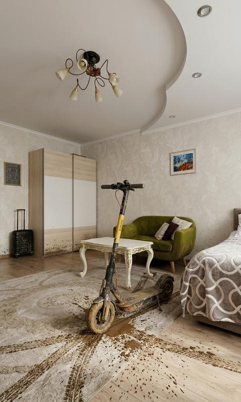 фотореалистичная фотография комнаты, в центре стоит грязный электросамокат Xiaomi, окраска  самоката в фирменных жёлтом и чёрном цветах, самокат весь в мокрой уличной грязи и брызгах, толстый слой засохшей земли на колёсах и крыльях, вокруг него на полу грязные следы от шин, потёки грязи и лужи, забрызганы нижние части стен, мебель и ножки стола, ощущение что самокат только что загнали с улицы прямо в комнату, мягкий дневной свет из окна, реалистичное фото высокого качества.