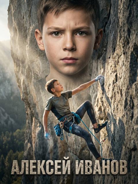 Создай кинематографичный спортивный постер с юным скалолазом (ребенок), используя референсное фото и максимально точно сохраняя черты лица, пропорции и индивидуальность внешности. Сцена: современный скалодром или естественная скальная стена. Драматичное освещение: направленные лучи сверху и сбоку, проходящие через легкую дымку, создают глубину и подчеркивают рельеф поверхности. Композиция: На переднем плане — ребенок в полный рост в процессе подъема: одна рука тянется к следующему зацепу, тело в напряжении, взгляд направлен вверх. Динамичная поза: ощущение высоты, баланса и преодоления. Видна страховочная система (обвязка, веревка) для реалистичности. На заднем плане — крупный портрет того же ребенка, с точным сохранением лица с референса, сосредоточенный и уверенный взгляд. Важное требование (референс): Сохранить идентичность лица: форма глаз, носа, губ, пропорции. Не изменять возрастные черты. Без чрезмерной ретуши. Максимальная узнаваемость. Внешний вид: Спортивная одежда для скалолазания (футболка/лонгслив, шорты или штаны). Скалолазные туфли. Обвязка с карабинами. Естественное телосложение ребенка (без взрослой стилизации). Фон: Вертикальная стена с зацепами или природная скала. Глубокая перспектива. Размытый фон для усиления высоты. Легкая атмосферная дымка. Цветовая палитра: Натуральные и темные оттенки (серый, графит, камень). Яркие акценты на зацепах и экипировке. Контраст света и тени. Текст: Имя и фамилия: «{FULLNAME}». Шрифт: строгий, мощный, с текстурой камня или рельефа. Стиль: Гиперреализм с сохранением likeness, Cinematic lighting, High contrast, Ultra detailed textures, Depth of field, Вертикальная драматичная композиция. Эффекты: Частицы пыли в воздухе, легкие волшебные искры и светящиеся частицы, мягко окружающие ребенка и зацепы, тонкое свечение вокруг рук в момент касания зацепа, лучи света вдоль стены, легкий эффект высоты и глубины, подчеркивание сцепления рук с зацепами, ощущение движения вверх. Атмосфера: преодоление, концентрация, смелость, сила духа, движение к вершине. Другой текст кроме имени и фамилии не добавляй. Текст на русском языке.