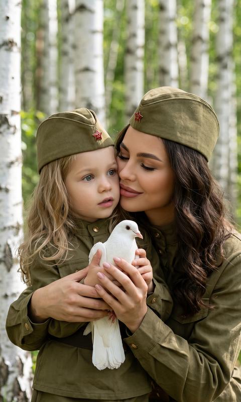 создай портрет, не меняя черты лица. 
Трогательный портрет молодой женщины и маленького ребенка, оба в оливково-зеленых кепках в стиле милитари с эмблемами красной звезды и в такой же форме, тесно обнимающихся в березовом лесу. Женщина с длинными темными волнистыми волосами и безупречным макияжем, губы розово-коричневые,  ее лицо нежно прижимается к щеке ребенка, глаза слегка закрыты с нежной улыбкой. Ребенок  смотрит на белого голубя, которого они нежно с мамой держат в руках, милым выражением лица. Композиция представляет собой средний крупный план с акцентом на их лица и верхнюю часть тела. 