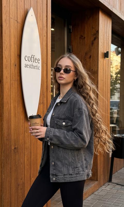 Without changing the appearance of the woman from the photo, create a realistic stylish photo of a girl near a trendy street coffee shop, vertical shot 9:16, shot on iPhone 16 Pro Max, luxury street lifestyle style, a lively Instagram shot like a candid moment caught by chance.
The girl stands sideways to the camera by the wooden wall of the coffee shop, body slightly turned, emphasized silhouette, one leg slightly in front of the other, head turned to the side, confident relaxed gaze past the camera, expensive calm energy. She holds a paper coffee cup with a lid in one hand.
Long thick loose hair, soft voluminous waves, naturally falling over shoulders and back, slight wind effect. High facial detail: expressive eyes, long eyelashes, thick eyebrows, neat nose, sharp cheekbones, smooth radiant skin, natural voluminous lips, clean girl glam makeup.
The girl wears dark narrow sunglasses with thin frames, a short loose graphite oversized denim jacket, a light basic top under the jacket, form-fitting graphite high-waisted leggings, emphasized figure, neat manicure, rings on fingers.
Background — facade of a stylish coffee shop made of warm wood, a decorative white surfboard on the wall with the inscription 'coffee aesthetic', cozy urban atmosphere, sun glare, light shadows around.
Warm golden light of the setting sun from the side, beautiful contrast of light and shadow on face and clothing, natural color correction, cinematic warm tones, ultra realistic, premium feminine aesthetic, expensive vibe, sharp focus, high detail of face, hair, skin, clothing, and surroundings, without plastic skin.