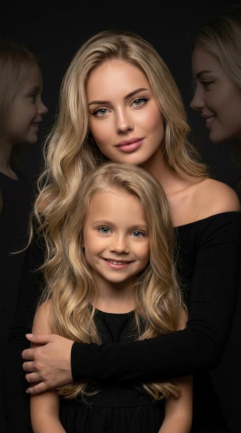 Generate a close-up portrait, precisely replicating facial features from the attached photograph. A colorful, cinematic, expressive studio close-up portrait. The close-up is focused on the faces of the woman and the child. The woman is positioned behind, embracing the child, looking tenderly at the camera. She looks into the camera, her makeup is flawless, lips are powdery brown, hair is long and wavy. She is wearing a black off-the-shoulder long-sleeve top. The girl is in the foreground, dressed in a black dress. Her hair is long and straight. In the background, a double exposure shows faint silhouettes of the same woman and child in a large shot, their faces in profile, looking at each other with tenderness and smiles. The background is dark. The lighting is soft yet dramatic, highlighting only facial features. High resolution, cinematic effect, high detail for skin, hair, and clothing, 8K.