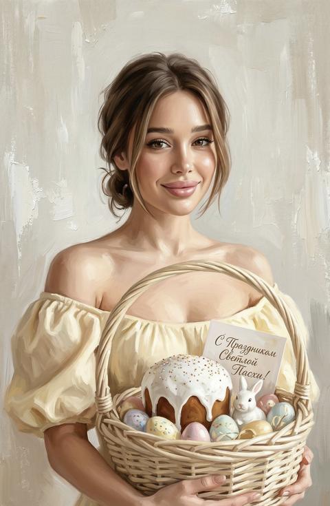 Вертикальное фото 9×16. Художественная стилизация под современную масляную живопись с мягкими мазками и выраженной текстурой холста. Девушка сидит в центре композиции, её фигура нежно обнимает большую плетеную корзину из светлой лозы, в которой расположен праздничный кулич с белой глазурью и посыпкой, разноцветные пасхальные яйца пастельных тонов, маленькая фигурка белого кролика и открытка с каллиграфической надписью “С Праздником Светлой Пасхи!”. Она одета в нежно-желтое платье с открытыми плечами и пышными рукавами. Волосы девушки собраны в свободный низкий пучок с выпущенными прядями у лица. Освещение мягкое, рассеянное, имитирующее дневной свет из окна, создающее деликатные блики на коже и одежде. Цветовая гамма: доминирующие нежно-желтый, кремовый, бежевый и теплые пастельные оттенки. Фон нейтральный, светлый, с имитацией грубых мазков краски и легким эффектом боке. Ракурс фронтальный, поясной портрет. Используй высокую детализацию текстур ткани и плетеных элементов. При генерации лица девушки, сохраняй индивидуальную мимику, направление взгляда и характерные черты согласно референсу, адаптируя их под общую стилистику живописи и сохраняя анатомическую точность. Не меняй черты лица, пропорции и текстуру кожи.
Негативный промт: cartoon, anime, 3d, CGI-style, plastic skin, overretouched, beauty filter, low resolution, blurry, artifacts, extra fingers, distorted anatomy, extra limbs, wrong fabric color, messy outfit, floating elements, deformed hands, text, watermark, UI, logos.