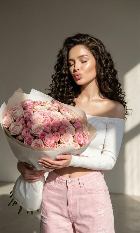 Профессиональный студийный портрет молодой женщины с длинными блестящими кудрявыми волосами, держащей огромный букет нежно розовых и розовых роз, завернутых в белую крафт-бумагу, в белом рубчатом кроп-топе с открытыми плечами и светло-розовых рваных  джинсах с высокой талией оверсайз, стоящей на фоне светлой комнаты с драматичным естественным освещением, создающим резкие тени. 
Кожа подсвечена 
Губы уточкой глаза закрыты Современный стиль модной фотографии, средний план, фотореалистично, чистая эстетика, нейтральные тона.
Ногти френч. Не меняй черты лица 