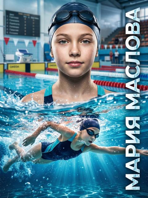 Создай кинематографичный спортивный постер с ребенком, который занимается плаванием. Используя референсное фото ребенка и максимально точно сохраняя черты лица, пропорции и индивидуальность внешности. Сцена: современный бассейн (соревновательная дорожка или стартовая зона). Драматичное освещение: лучи света проходят через воду и отражаются на поверхности, создавая кинематографичный эффект. Атмосфера свежая, динамичная, с ощущением глубины и движения. Композиция: На переднем плане — ребенок с фото в момент активного плавания (кроль/баттерфляй) или в динамичном прыжке с тумбы. Альтернативно: комбинированный кадр (половина над водой, половина под водой). Динамичная поза: вытянутое тело, мощный гребок, брызги воды. Вода — ключевой визуальный элемент (капли, всплески, волны, преломление света). На заднем плане — крупный портрет того же ребенка, с точным повторением лица с референса (в очках или без), спокойный, уверенный взгляд. Важное требование (референс): Сохранить идентичность лица: форма глаз, носа, губ, пропорции. Не «взрослить» лицо — сохранить детские черты. Естественная кожа, без излишней ретуши. Допускается мягкая стилизация, но без потери узнаваемости. Внешний вид: Спортивный купальник (синий, бирюзовый, красный или комбинированный). Плавательная шапочка. Очки (на лице или на лбу в портрете). Естественное телосложение ребенка. Реалистичная анатомия без гипертрофии. Фон: Бассейн с дорожками и разделителями. Размытые трибуны или спортивный зал. Свет, преломляющийся через воду. Возможен подводный или split-shot (над/под водой). Цветовая палитра: Голубые, бирюзовые и глубокие синие оттенки воды. Белые световые блики. Яркие акценты купальника. Холодный чистый свет с мягкими теплыми отражениями. Текст: Имя и фамилия: «{FULLNAME}». Шрифт: современный, плавный, динамичный, с легкой «водной» пластикой. На русском языке. Стиль: Гиперреализм с сохранением likeness, Cinematic lighting, High contrast, Ultra detailed water physics, Depth of field. Фокус на лице + движении. Эффекты: Брызги воды и капли в воздухе, подводные световые лучи, преломление и искажение света в воде, легкий motion blur, детализация кожи, воды и ткани. Атмосфера: свежесть, энергия, уверенность, концентрация, движение вперед, радость спорта, гармония с водой, стремление к победе. Текст другой не добавлять, только фамилия и имя.